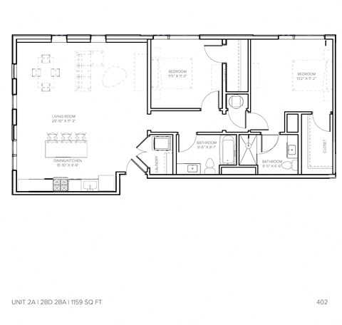 Floor plan for 2 beds, 2 baths, 1159 sqft